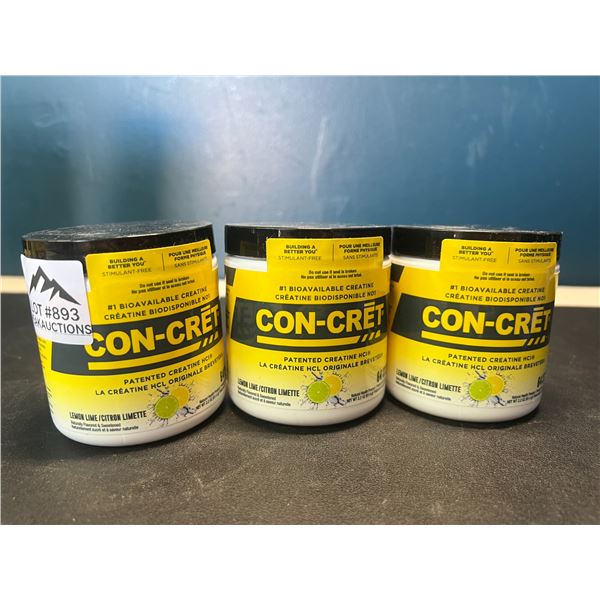 Lot of 3 Con-Cret Creatine HCI Powders/Workout Supplements - Lemon Lime