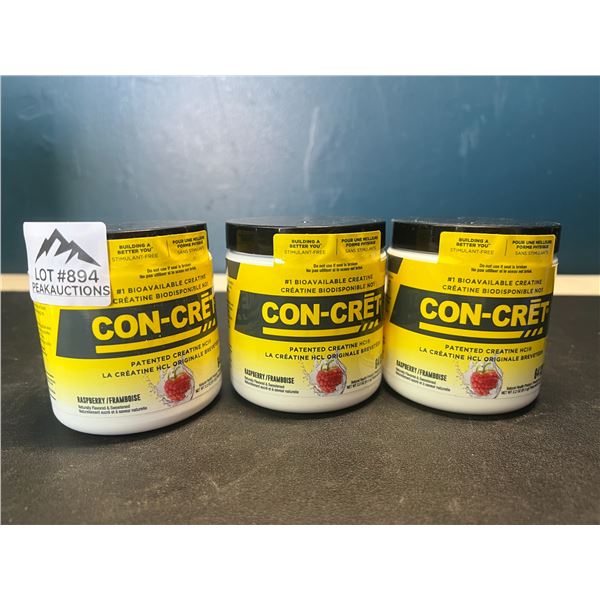 Lot of 3 Con-Cret Creatine HCI Powders/Workout Supplements - Raspberry