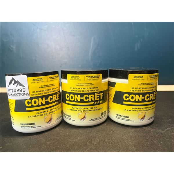 Lot of 3 Con-Cret Creatine HCI Powders/Workout Supplements - Pineapple