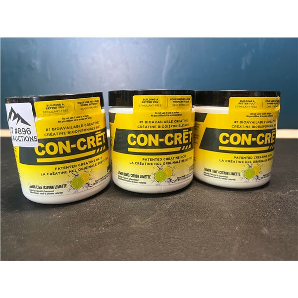 Lot of 3 Con-Cret Creatine HCI Powders/Workout Supplements - Lemon Lime