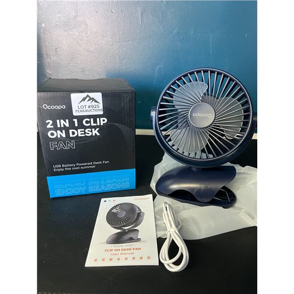 Lot of 1 Ocoopa Rechargeable 2-in-1 Clip On Desk Fan