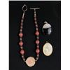 Image 1 : Carved Stone Center Piece & Pink Beads Necklace & 2 Large Oval Glass & Mother Of Pearl Pendants
