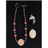 Image 1 : Carved Stone Center Piece & Pink Beads Necklace & 2 Large Oval Glass & Mother Of Pearl Pendants