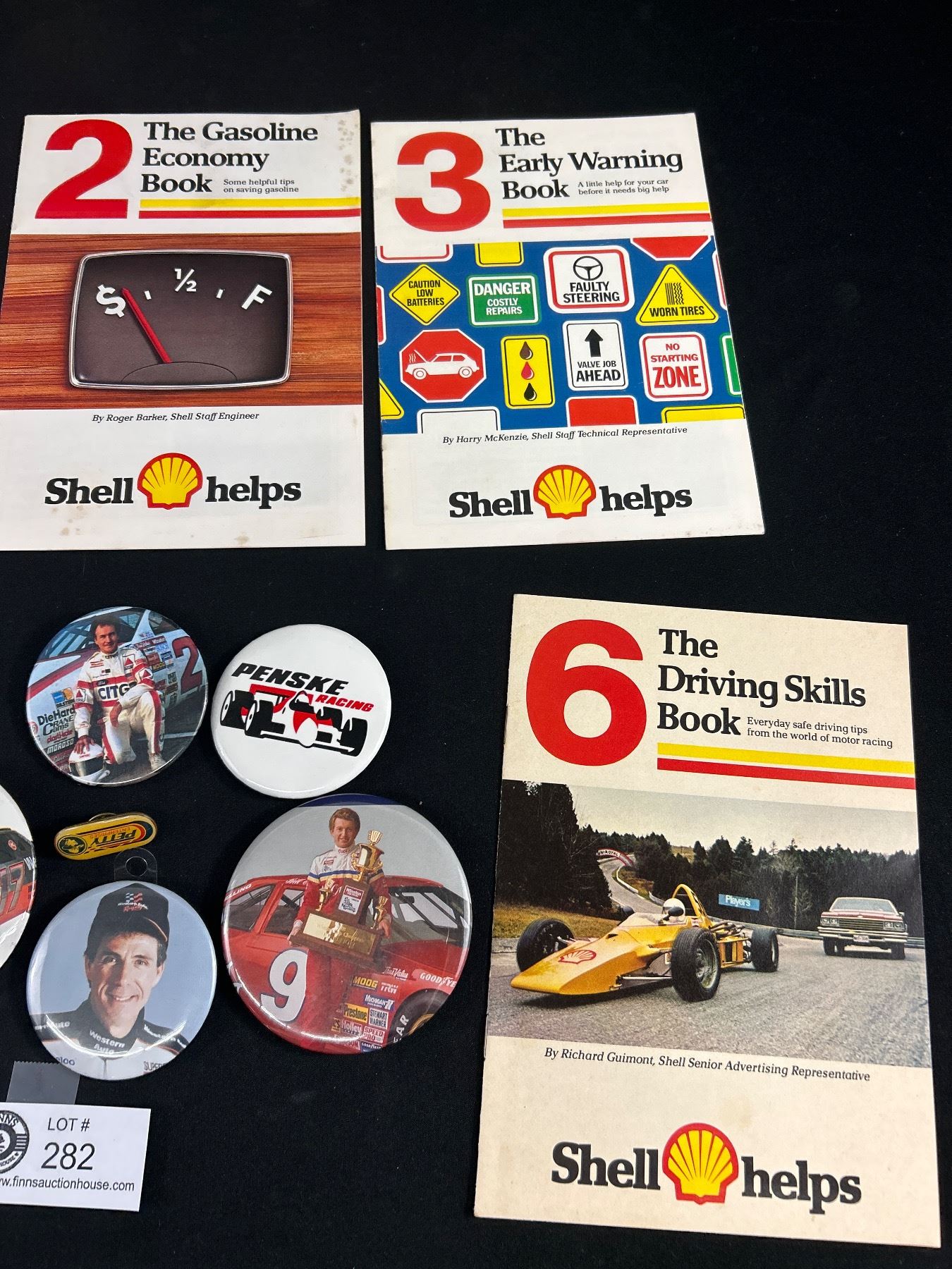 5 1970'd Shell Oil Pamphlets Plus a Lot of Car Racing Pins & Badges