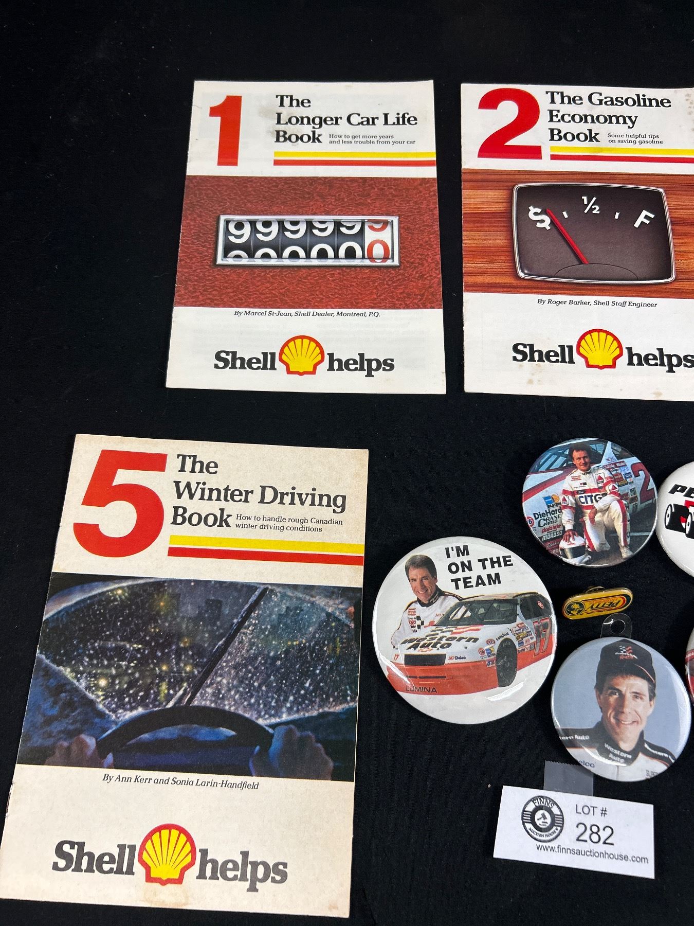 5 1970'd Shell Oil Pamphlets Plus a Lot of Car Racing Pins & Badges