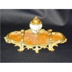 Vintage Brass & Mahogany Inlaid Ink Well/Stand