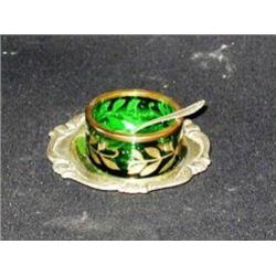 Green Sterling Overlay Salt with Silver Plate Tray & Spoon