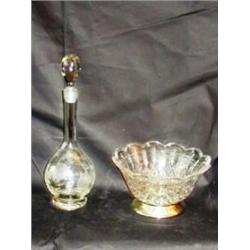 Etched Decanter and Crystal Bowl on Silver Base