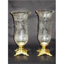Vintage Brass Hurricane Lamps with Etched Lion Scene Shades