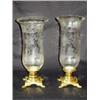 Image 1 : Vintage Brass Hurricane Lamps with Etched Lion Scene Shades