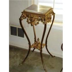Ornate Onyx & Brass Plant Stand with Cherub Motif