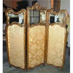 Louis XV Style Gold Gilt Boudoir Screen with Beveled Glass Mirrors