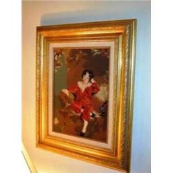 Needle Point Childs Portrait in Vintage Gold Gilt Frame
