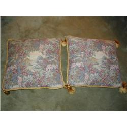 Pair Tapestry Upholstered Pillows with Gold Tassels