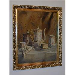 Oil on Canvas Still Life of Tea Service in Gold Gilt Frame; signed Doria