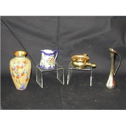 (4 pcs) Cloisonné Style 6 1/2" Vase; Oriental Porcelain Cream Pitcher with Hairline; Brass Ash Tray 