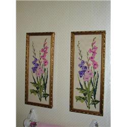 Pair Needle Point Floral Pictures