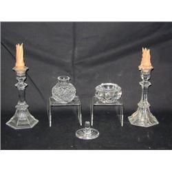 (4 pcs) Pair Crystal Candle Sticks; Crystal Ring Holder; & Crystal Vase