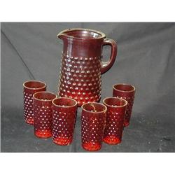 Red Hobnail Pitcher & 6 Glasses