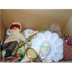 Box: 2 Hand Painted Plates; Purse; Egg Plate; Individual Salt & Peppers; Doll & More!