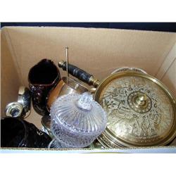 Box: Brass Chaffing Dish; 2 Pitchers; Milk Glass Bowl with Stone Grapes; 4 Silver Plate Pieces; Glas