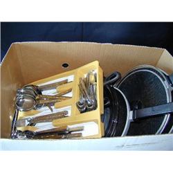 Box: Flatware; Iron Skillets; Pans