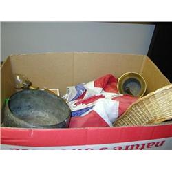 Box:  Brass Oil Lamp, Brass Mortar & Pestle; Flags