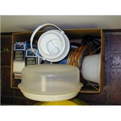 Box:  Tupper Ware; Thermos; 2 Maxon CB Radios