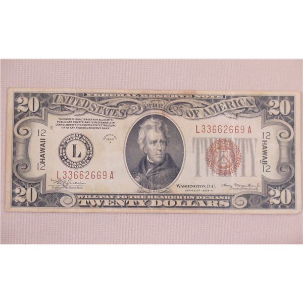 USA $20 Federal Reserve Note Stamped Hawaii Series of 1934