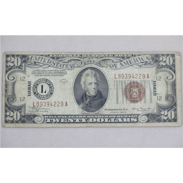 USA $20 Federal Reserve Note Stamped Hawaii Series of 1934