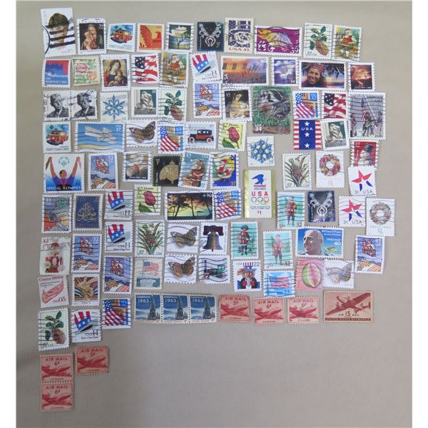 Qty 90+ USA Stamps: Audrey Hepburn, Christmas, Olympics, Canoes, Airplanes, etc