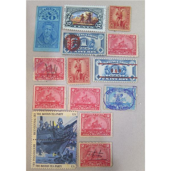 Qty 14 USA Stamps: Cigarettes, Lewis & Clark, US War Savings, Boston Tea Party, etc