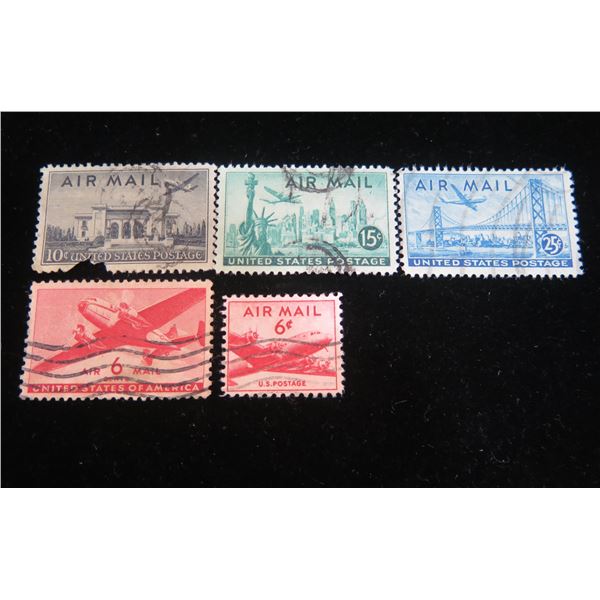 Qty 5 USA Air-Mail Stamps, Misc Denominations