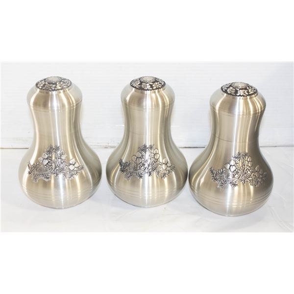 BASKET OF 3 PEWTER URNS