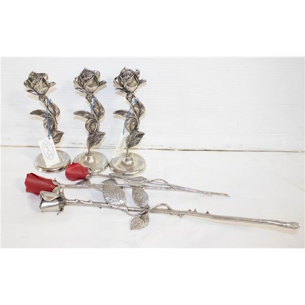 FLAT OF PEWTER FLOWERS