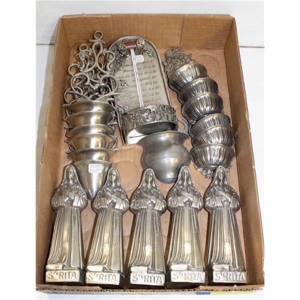 FLAT OF PEWTER ORNAMENTS