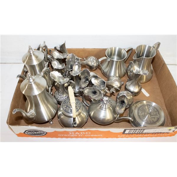 FLAT OF PEWTER SERVING PIECES
