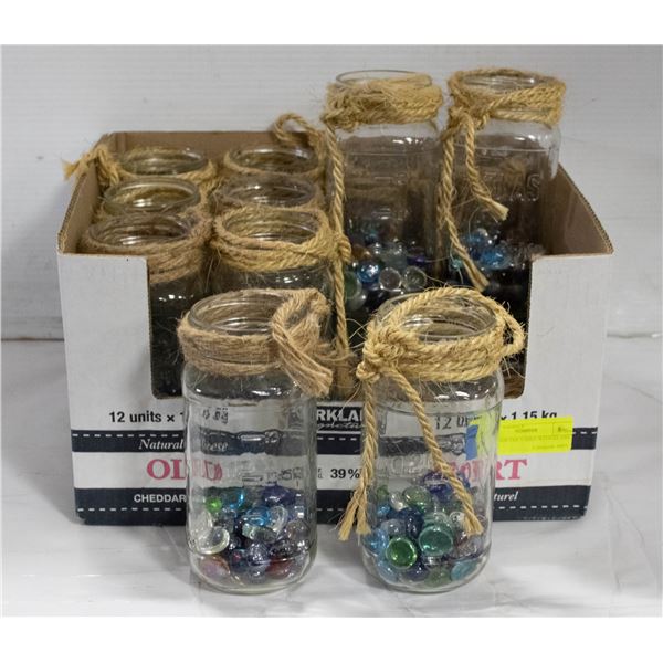 14 MASON JAR VASES WITH GLASS ROCKS