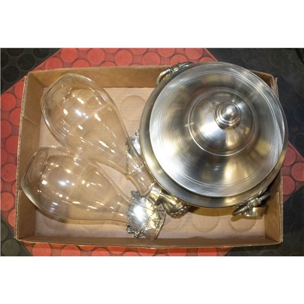LOT WITH PEWTER SOUP TOUREEN AND 2 WINE DECANTERS