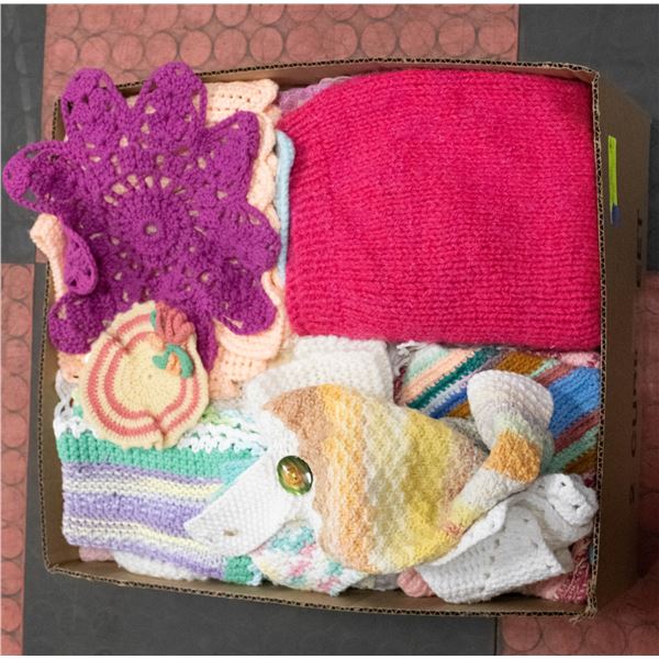 VINTAGE KNIT/CROCHET ITEMS BOX LOT ASSORTED
