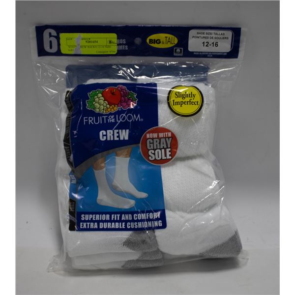 WHITE CREW SOCKS 12-16 SIZE 6-PACK