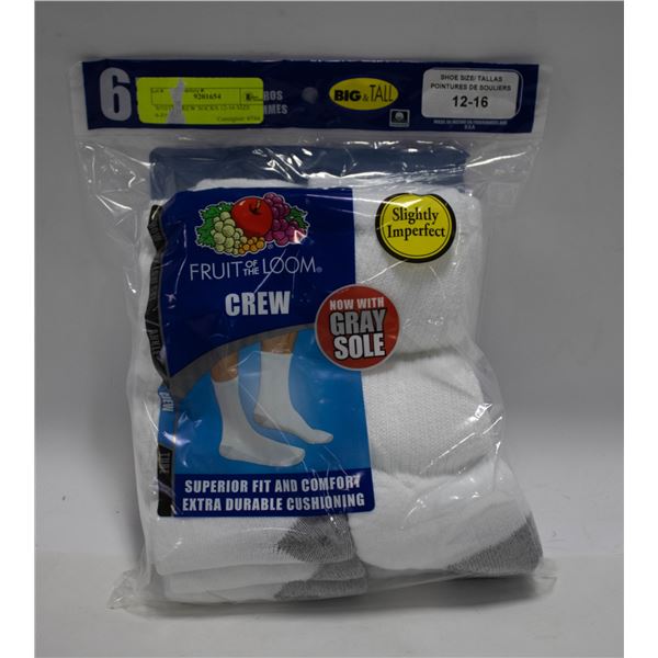 WHITE CREW SOCKS 12-16 SIZE 6-PACK