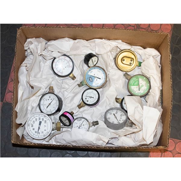 VINTAGE GAUGES- BOX LOT OF 12 ASSORTED