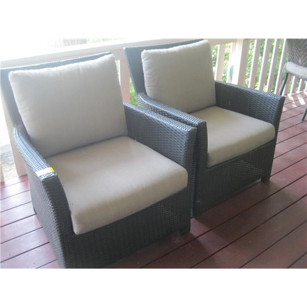 2 BROWN WICKER LOOK CHAIRS W/CUSHION & COVER