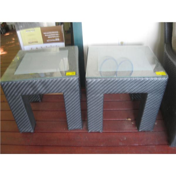 2 WICKER LOOK END TABLES W/GLASS TOP