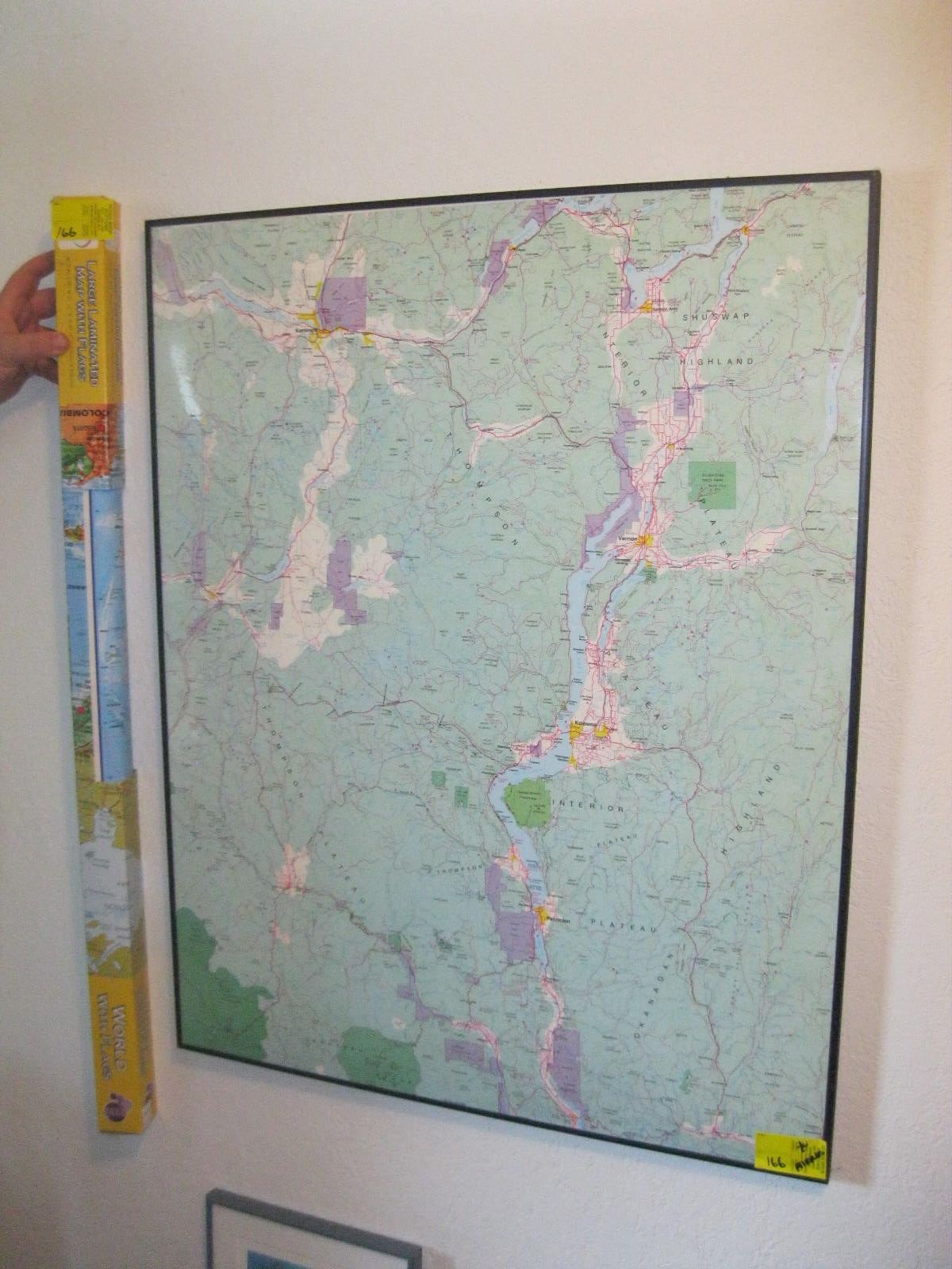 FRAMED MAP OF INTERIOR THOMPSON OKANAGAN AREA, LG. LAMINATED MAP & SM ...
