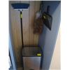 Image 1 : STAINLESS GARBAGE CAN W/BAGS, DUSTERS, BROOM & DUSTPAN