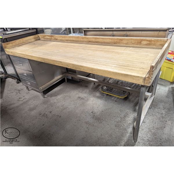 BUTCHER BLOCK MAPLE TOP BAKERS TABLE W/ STAINLESS