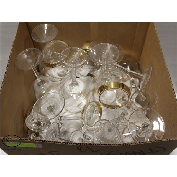 LARGE BOX OF GOLD-RIMMED GLASSWARE