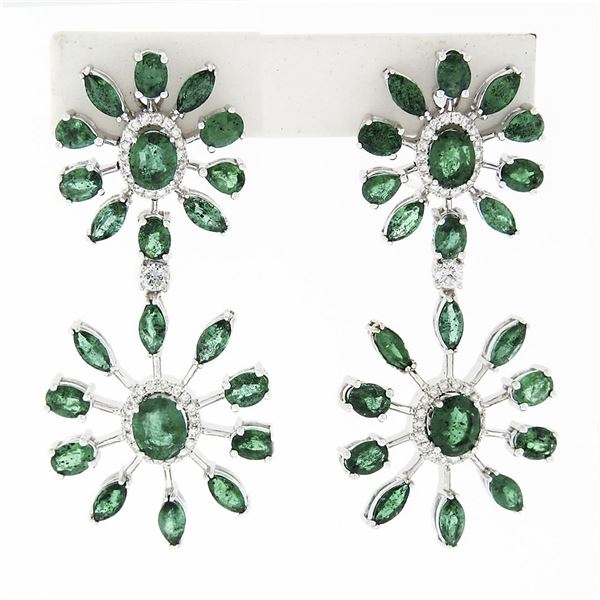 18k White Gold 8.28 ctw Emerald & Diamond Spray Snowflake Drop Dangle Earrings